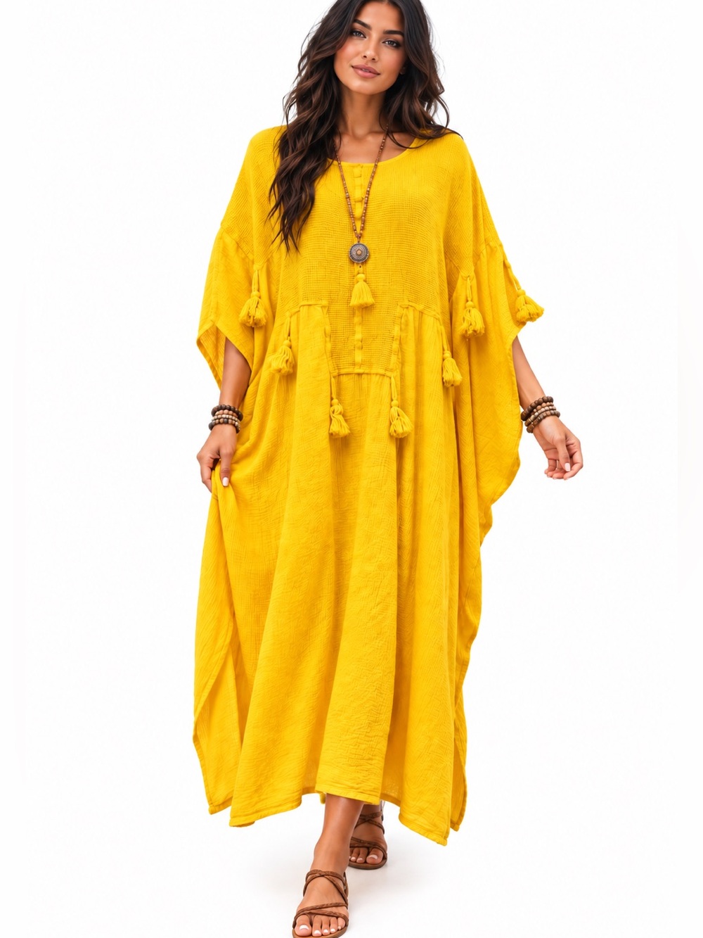Dunes 100% Cotton Boho Tassel Kaftan Dress in Vibrant Yellow Orange